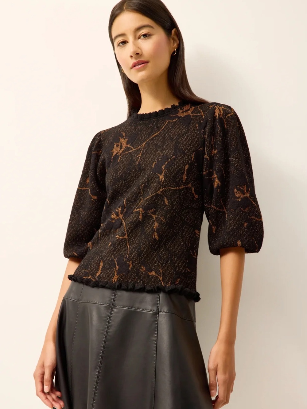 Marie Oliver Yardley puff sleeve top black & bronze metallic threads